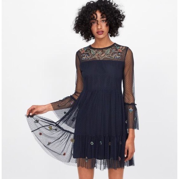 embroidered mesh dress zara Zara | Dresses | Zara Black Mesh Sleeves Embroidered Dress Size Xs